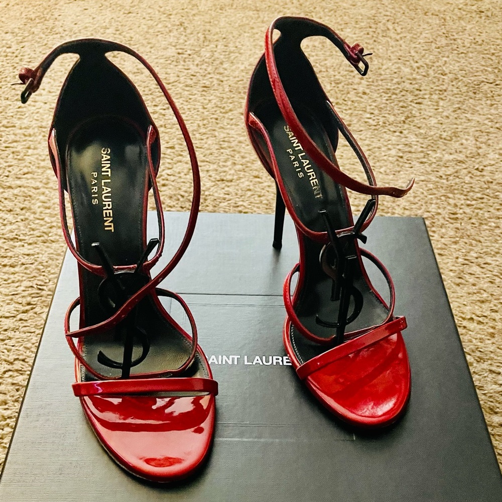 Yves Saint Laurent Red Patent Leather Strappy Heels - Picture 3 of 16
